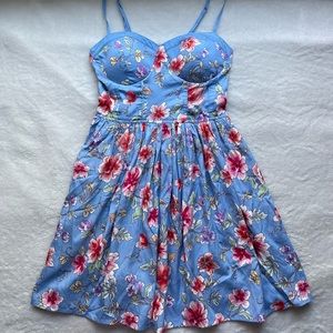 Satin corset blue floral a-line summer dress